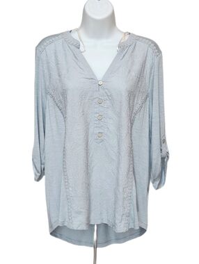 Democracy Embroidered Lace Blouse Top Split Neck Roll Tab 3/4 Sleeves Blue M